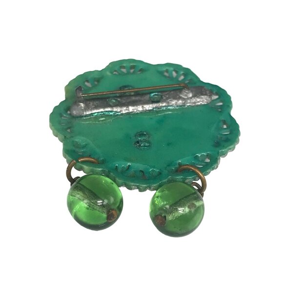 Antique Green Floral Celluloid Rose Brooch with Glass Bead Dangles - Picture 5 of 6